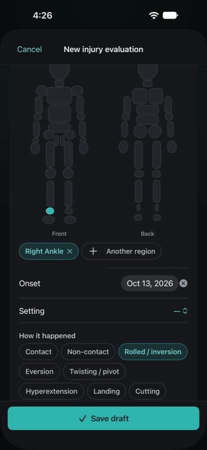An injury evaluation in the coming iPhone app, with the right ankle tapped on the body map